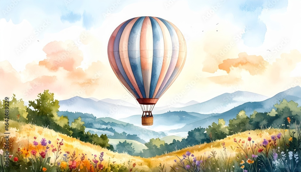 Fototapeta premium Spectacular hot air balloon gracefully ascends into the morning sky gliding peacefully over a vast and verdant agricultural landscape during a scenic flight.
