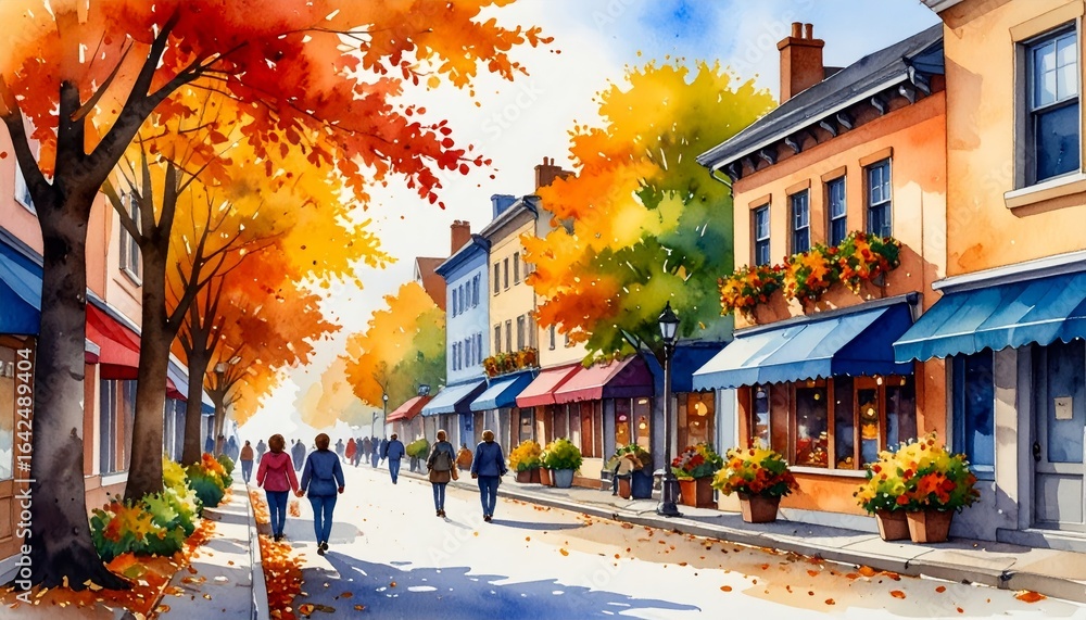 Fototapeta premium Vibrant artistic painting of a bustling city street scene with anonymous people and pedestrians walking along the urban sidewalk on a bright sunny day.