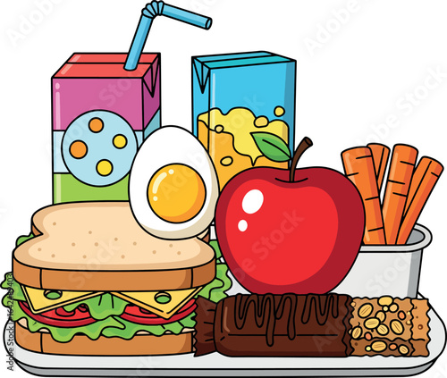 Colorful Cartoon School Lunch Tray with Sandwich, Juice Boxes, Apple, Egg, Snack Bar, and Breadsticks

