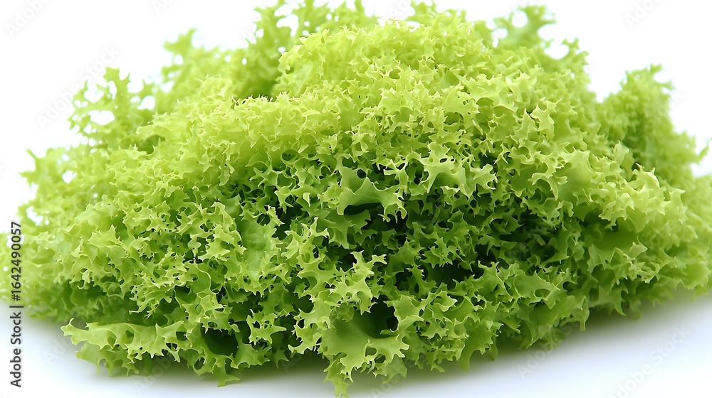 Obraz premium Fresh lettuce leaves layered naturally on white background captured with mirrorless camera and 50mm lens, focus on crisp texture and vibrant green layers arranged organically on clean seamless
