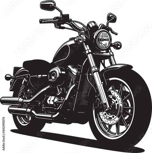Classic Cruiser Motorcycle Illustration – Retro Black and White Vector Drawing of Chopper Bike

