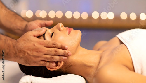 Serene Woman Enjoying a Facial Massage in a Tranquil Spa Environment with Soft Candlelight