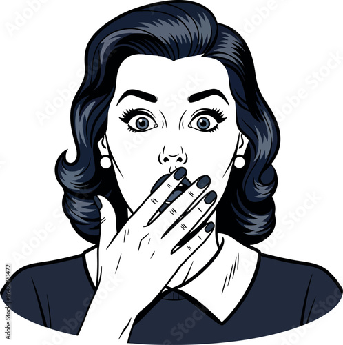 Surprised Retro Woman Covering Mouth – Vintage Pop Art Style Shocked Expression Illustration