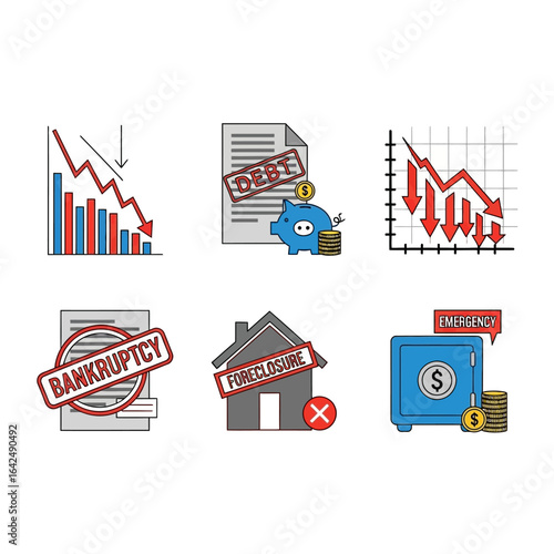 Colorful icon set illustrating financial crisis concepts like debt, bankruptcy, foreclosure, and emergency savings.