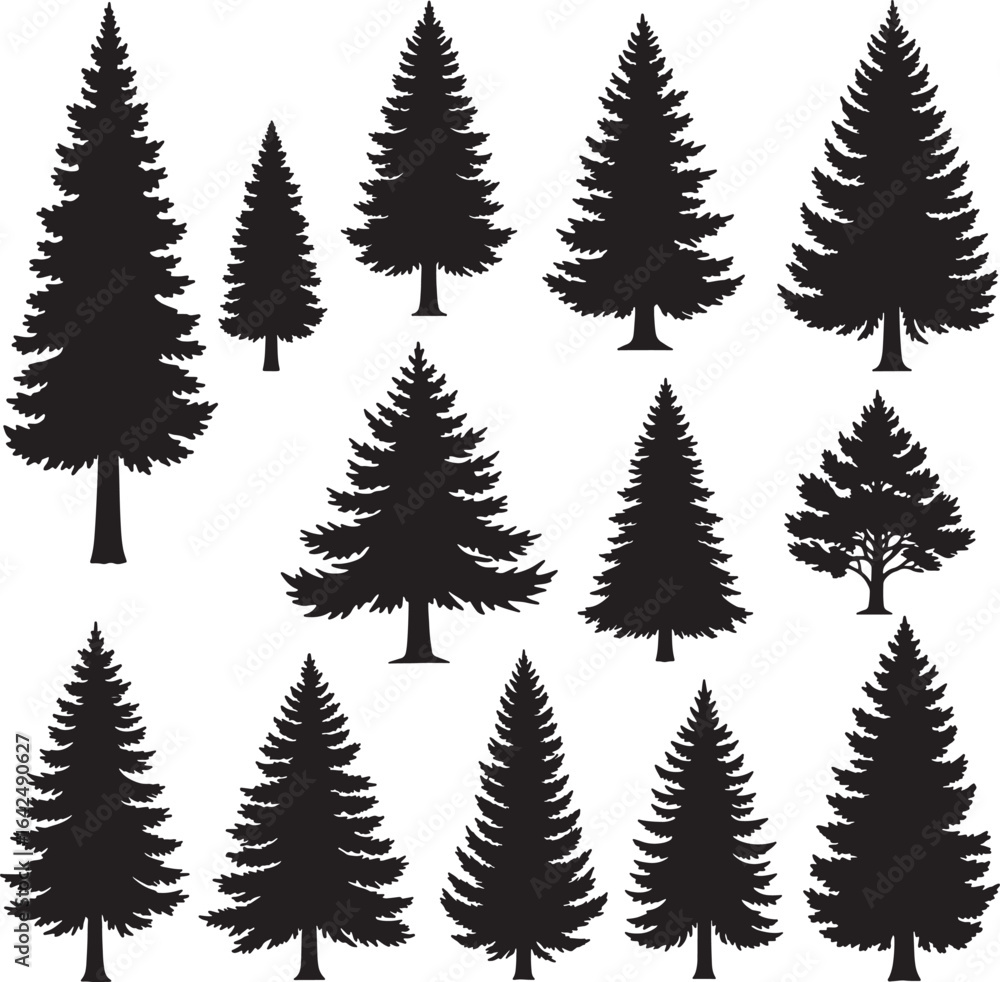 Obraz premium Silhouettes of Pine and Fir Trees Collection – Evergreen Forest Tree Vector Set in Black and White