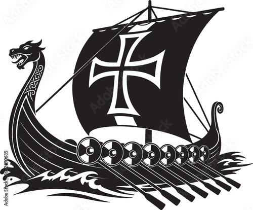 Black and White Viking Longship with Dragon Head and Cross Sail – Norse Warrior Ship Vector Illustration
