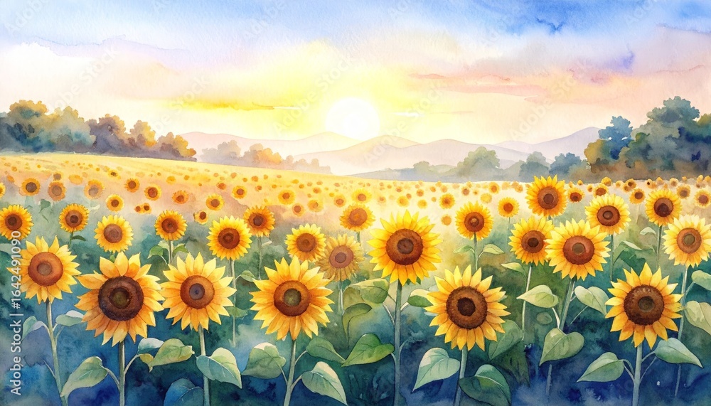 Obraz premium A breathtaking panoramic view of a vast agricultural field filled with vibrant golden sunflowers reaching towards the warm late afternoon summer sun during golden hour.