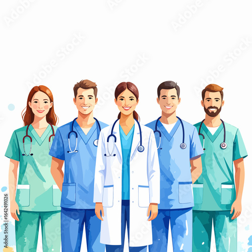 Diverse medical team of smiling doctors and nurses in scrubs and a lab coat with stethoscopes.