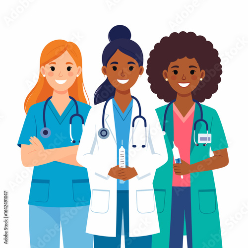 Diverse team of female doctors and nurses in scrubs and lab coat, smiling confidently.