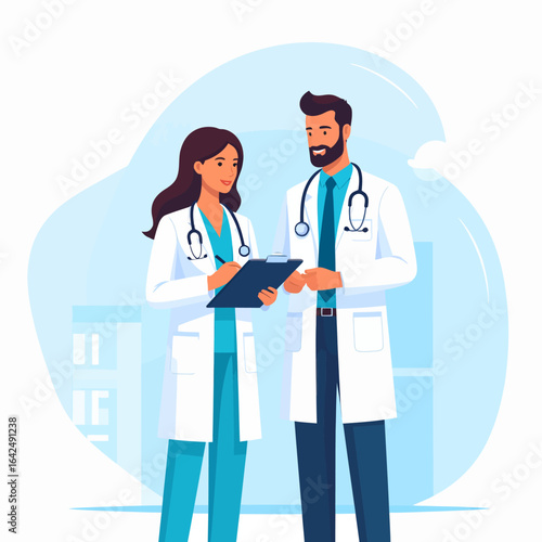 Smiling male and female doctors in lab coats discussing medical notes on a clipboard.