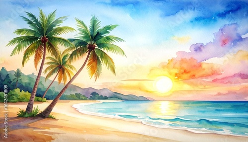A beautiful watercolor painting illustration of a serene tropical beach paradise with tall palm trees golden sand and clear turquoise ocean water under a sunny sky.