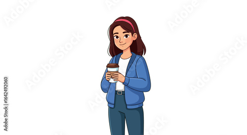 Cartoon illustration of a smiling young woman in a blue hoodie holding a takeout coffee cup, enjoying her daily routine.