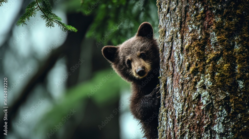 Obraz premium Curious bear hiding behind tree
