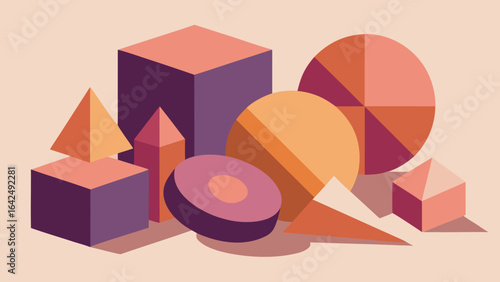 Isometric Geometric Shapes Collection with Purple, Orange, and Pink Hues vector illustration