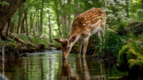 Deer drinking water forest scene