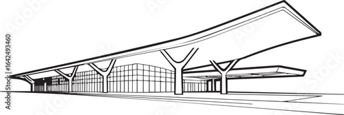 Architecture coloring page for kids and adults, black and white airport terminal sketch line art vector illustration