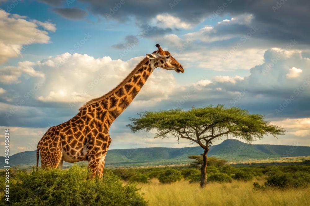 Obraz premium A majestic giraffe standing tall in a vibrant savannah landscape under a dramatic sky
