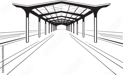 Architecture coloring page for kids and adults, black and white train station sketch line art vector illustration