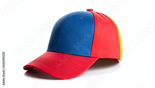 Vibrant Colorful Baseball Cap in Red Blue and Yellow Design on White Background
