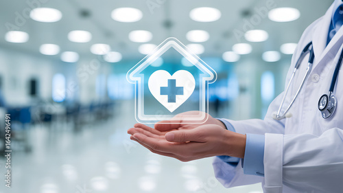 Doctor holding home health icon, symbolizing care and protection of family health