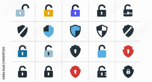 Modern security icons featuring unlocked and locked shields and padlocks for digital protection and access