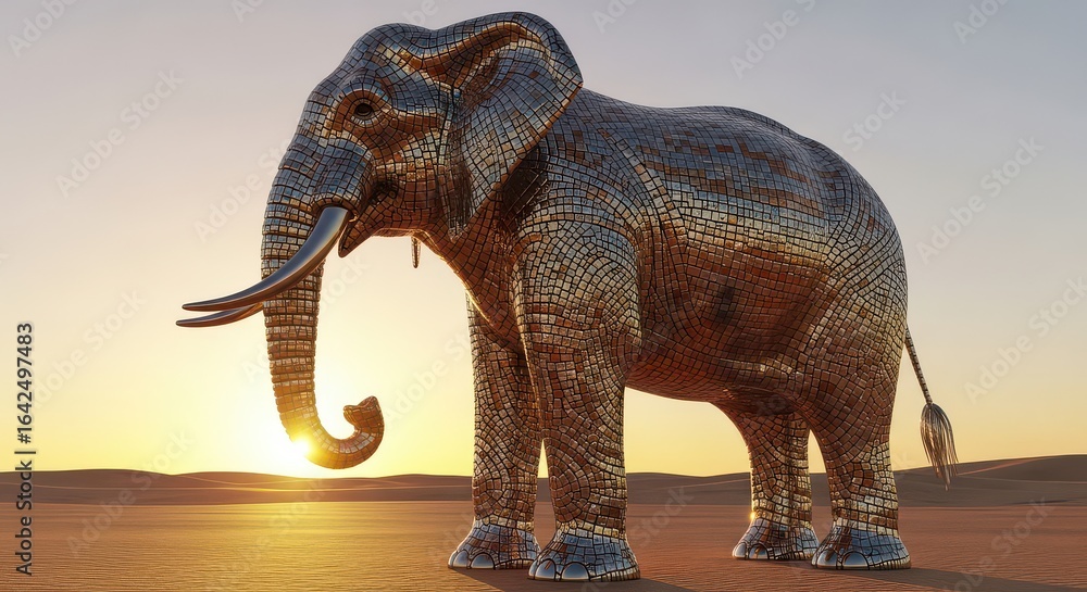 Fototapeta premium Metallic Mosaic Elephant Standing in Desert at Sunset