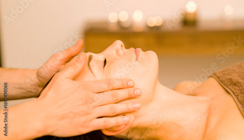 Woman Enjoying a Calming Facial Massage in a Peaceful Spa Environment with Soft Candlelight