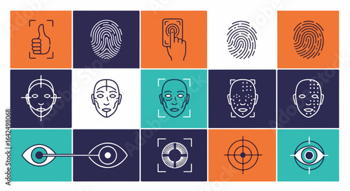 Modern biometric security icons showcasing fingerprint, facial recognition, and eye scan technology for identification.