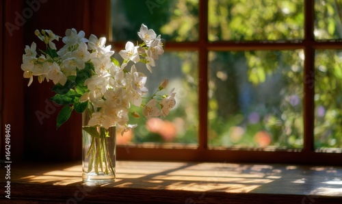 White Mock Orange Flowers in Vase by Window with Natural Light Reflections