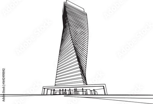 Architecture coloring page for kids and adults, black and white building tower sketch line art vector illustration