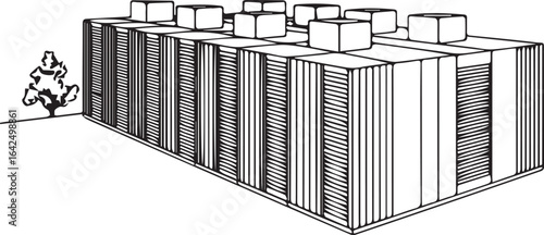 Architecture coloring page for kids and adults, black and white data center sketch line art vector illustration