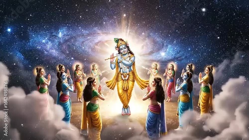 Divine figure of Lord Krishna playing flute surrounded by celestial clouds and glowing light in a vibrant spiritual scene