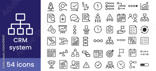 CRM and business process workflow management icon set for project strategy, showing system and flowchart symbols for customer relationship and task planning.

