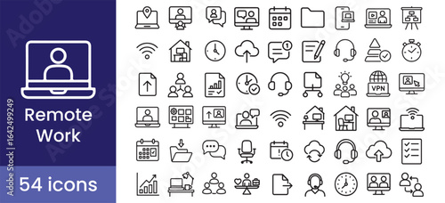 Remote work and virtual home office icon set with online business and communication line symbols.

