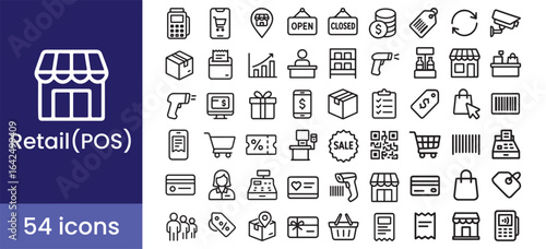Retail and shopping icon set for POS payment, with store and commerce line vector symbols.

