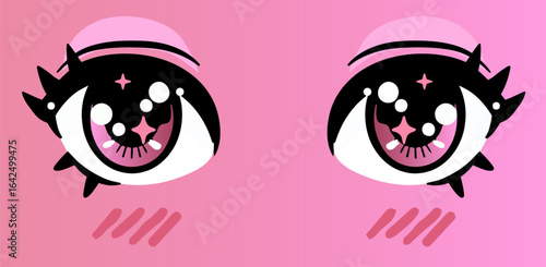 Anime vector illustration features two expressive pink eyes with sparkles on a pink background. Style is bold, colorful, and modern manga.