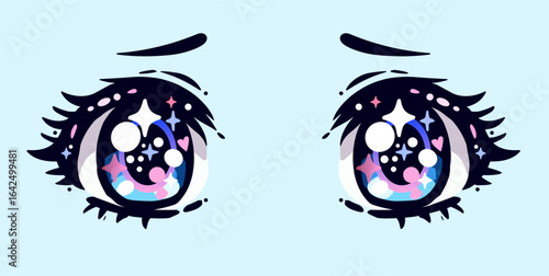 Vector anime eye illustration in kawaii style, featuring dreamy starlit pupils with pastel blues, pinks, and purples. The design includes bold black outlines, sparkles, hearts, round and star shapes.