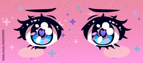 Vector anime eye illustration in kawaii style, featuring dreamy starlit pupils with pastel blues, pinks, and purples. The design includes bold black outlines, sparkles, hearts, round and star shapes.