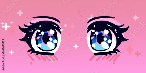 Vector anime eye illustration in kawaii style, featuring dreamy starlit pupils with pastel blues, pinks, and purples. The design includes bold black outlines, sparkles, hearts, round and star shapes.