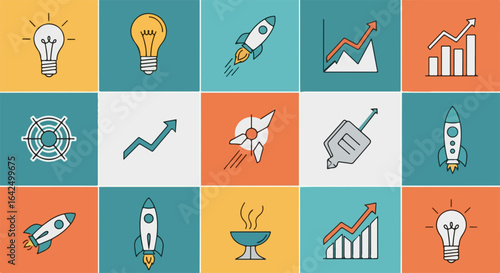 Dynamic business icons ignite growth ideas, launch ventures, and chart success with vibrant energy