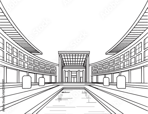Architecture coloring page for kids and adults, black and white building sketch line art vector illustration