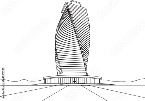 Architecture coloring page for kids and adults, black and white building tower sketch line art vector illustration