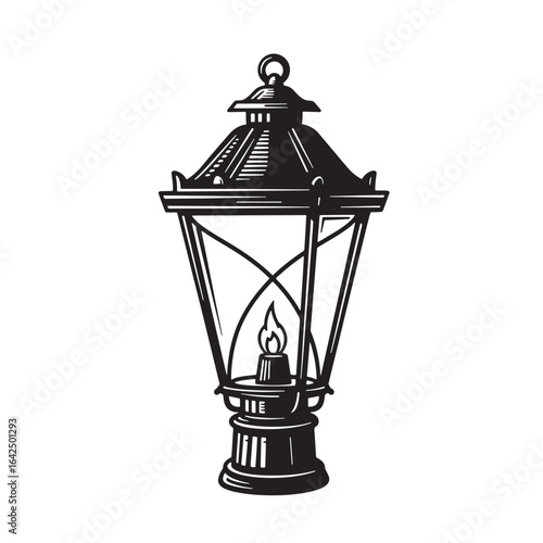 Elegant vintage street lantern illustration in black and white with flame and details