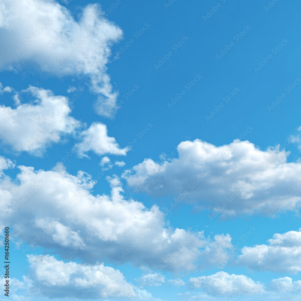 Naklejka premium Clear blue sky dotted with soft white clouds on a bright sunny day creating a calming and uplifting atmosphere