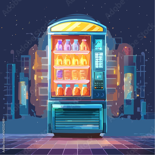 Modern vending machines in office at night displaying snacks drinks and coffee
4
