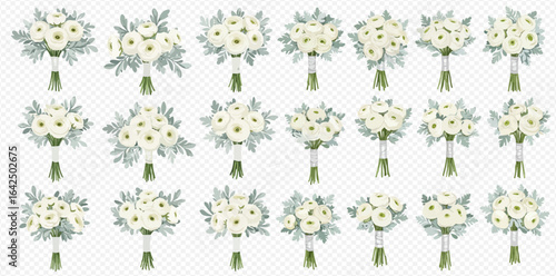 A beautiful collection of elegant wedding bouquets with white anemone flowers and silvery foliage arranged in a grid.