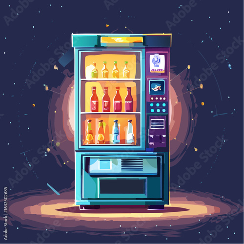 Modern vending machines in office at night displaying snacks drinks and coffee
2