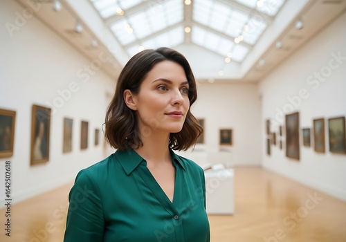 Woman in art museum, gallery visitor enjoying cultural exhibition. Elegant, contemplative, professional female in a bright, modern architectural space. Free Download Woman in art museum, gallery visitor enjoying cultural exhibition. Elegant, contemplative, professional female in a bright, modern architectural space. - GFXLoad