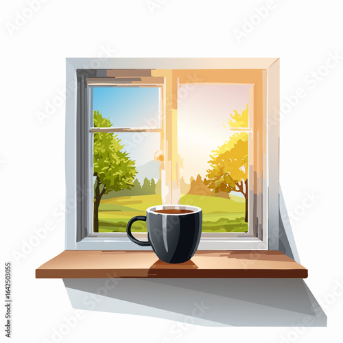 Open window on white background. Open window overlooking the beautiful spring landscape: meadows, mountains, trees. On the windowsill is worth mug. Flat style vector illustration.2
