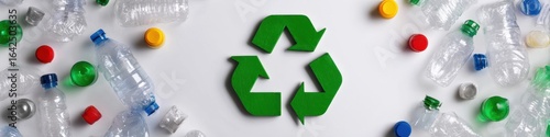 Green Recycle Symbol Amid Plastic Bottles on a Bright White Surface Backdrop